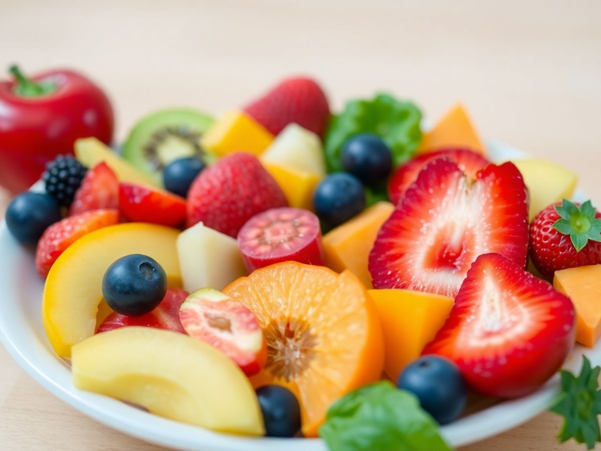 Placă plină de fructe și legume proaspete pentru copii.