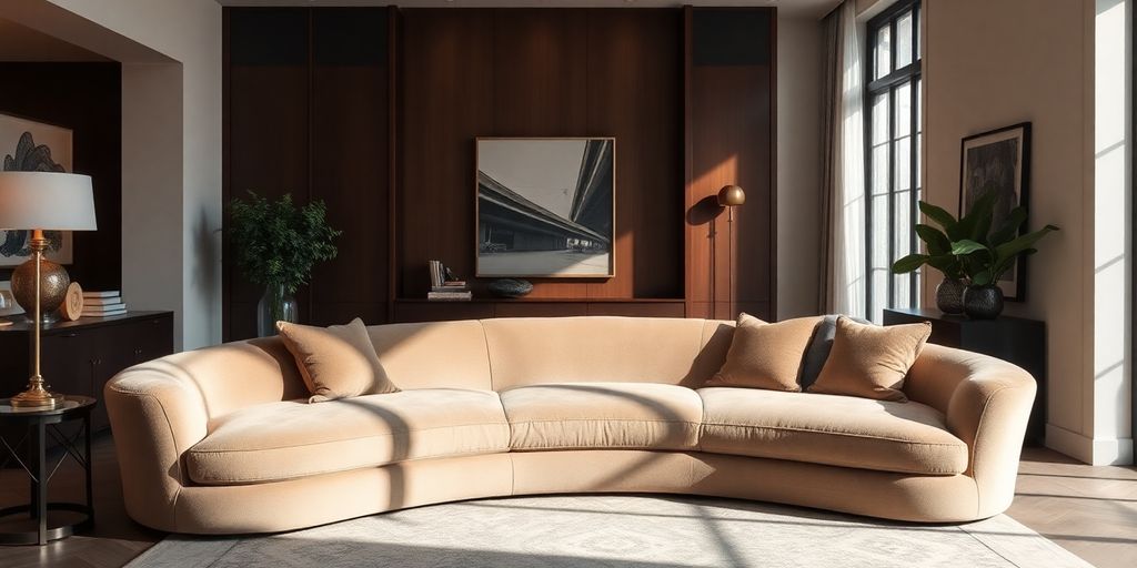 Modern living room with elegant curved sofa.