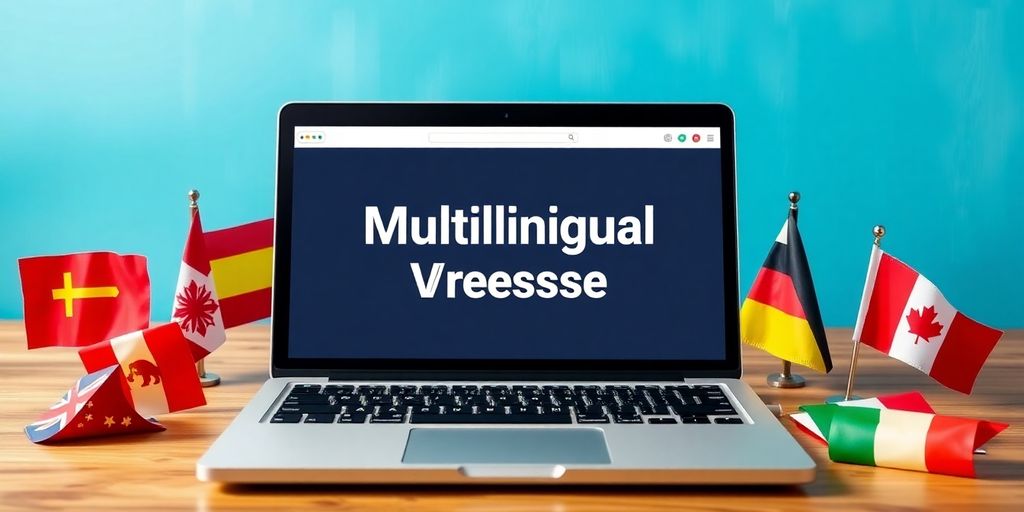 Ordinateur portable avec interface multilingue et drapeaux.