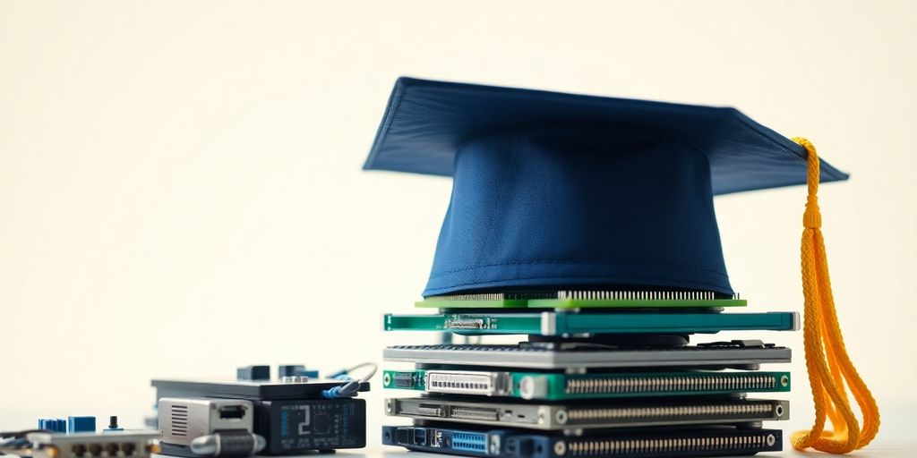 Graduation cap on stack of circuit boards.