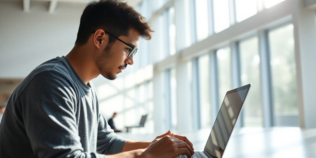 Person smiling while looking at a laptop screen.