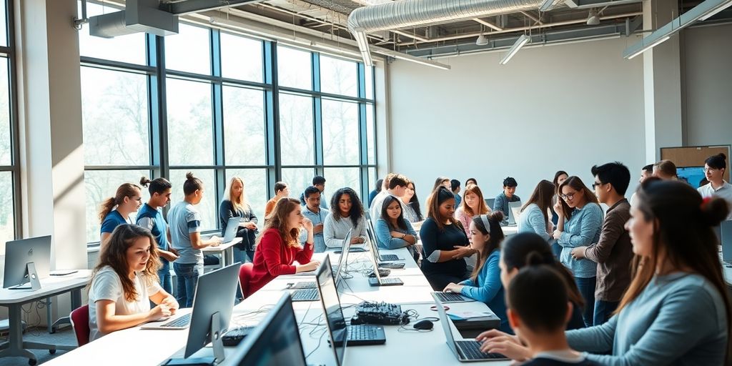 Students collaborating in a modern, sunlit innovation lab.