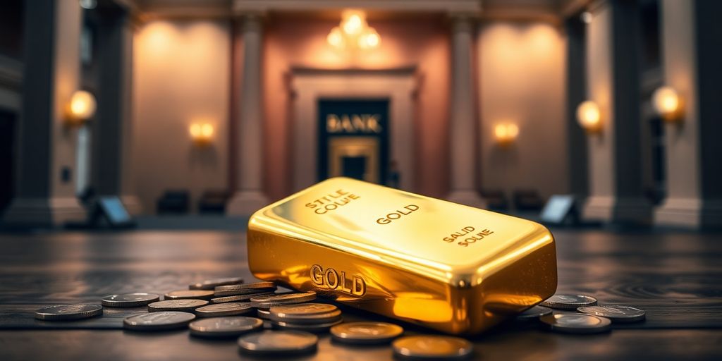 Barre d'or sur une table avec des pièces.
