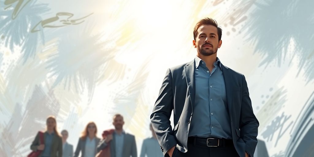 Person confidently leading a team forward.