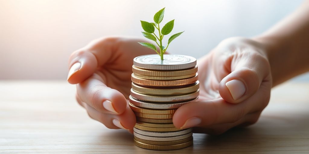 Stack of coins, growing plant, hands, natural light.