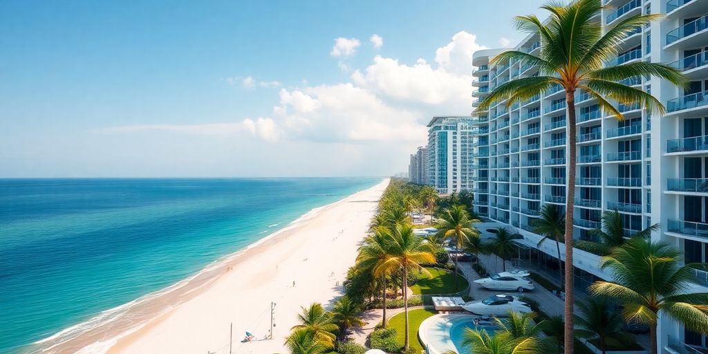 Luxury condo with palm trees and yachts in Sunny Isles.