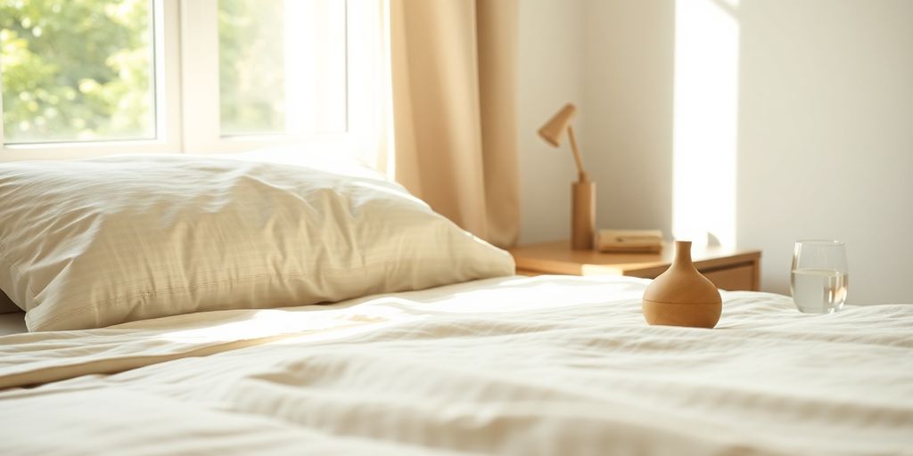 Peaceful bedroom, natural light, serene sleep environment.