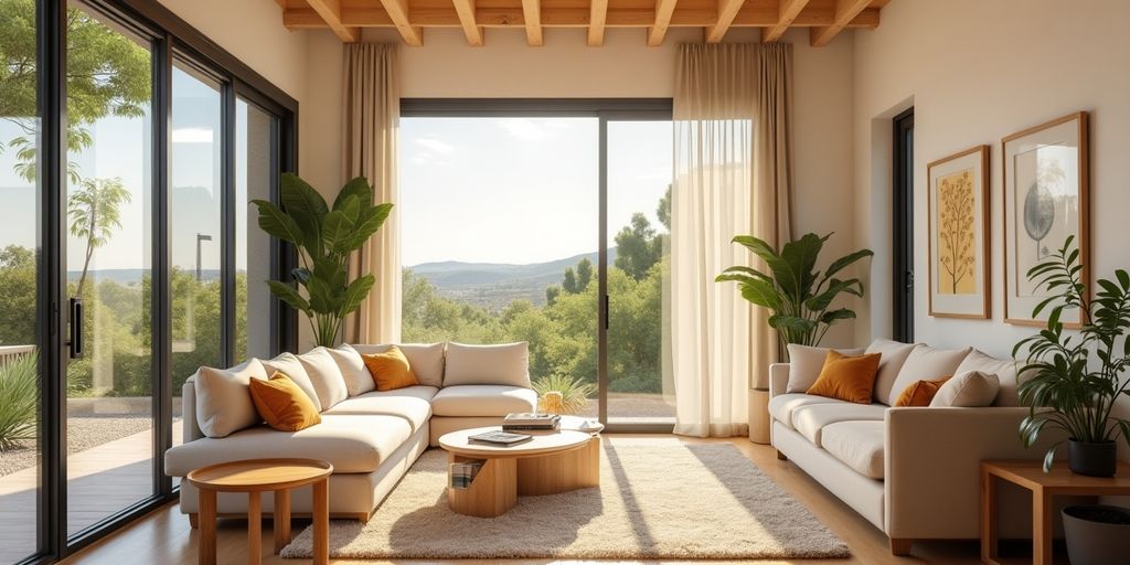 Ljust rum i en spansk bostad med stora fönster.