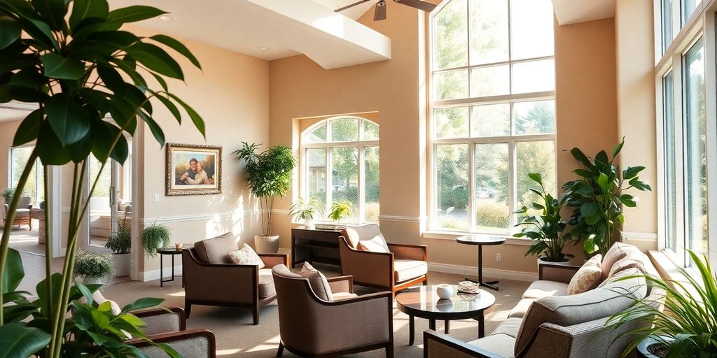 Área comum acolhedora em uma casa de repouso.