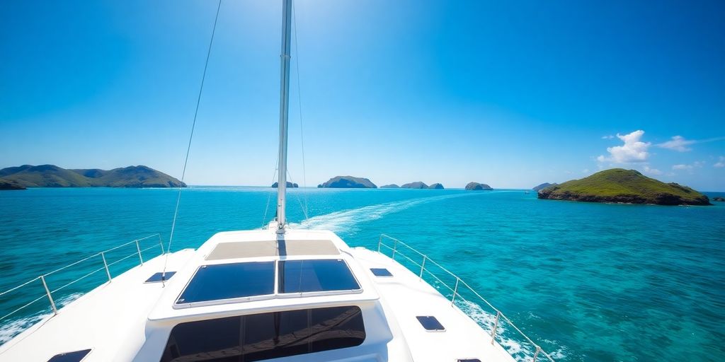 Luxury catamaran sailing in a turquoise bay.