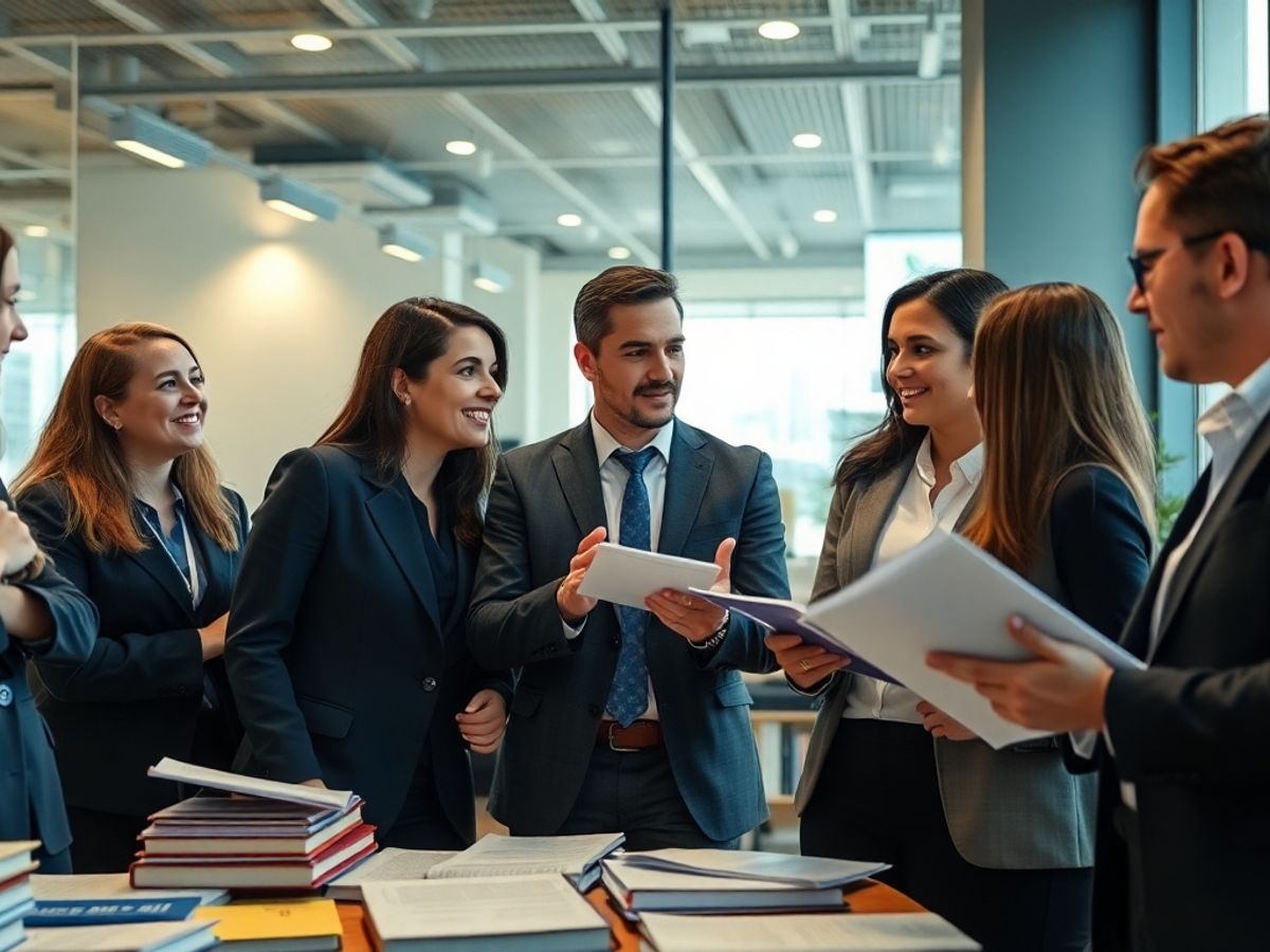 Tineri avocați discutând într-un mediu profesional.