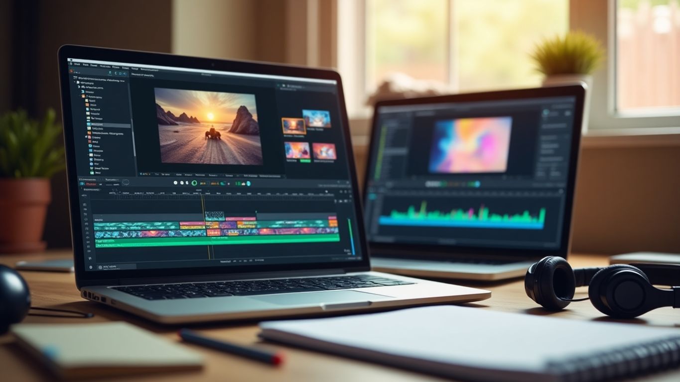 A laptop with video editing software on screen.