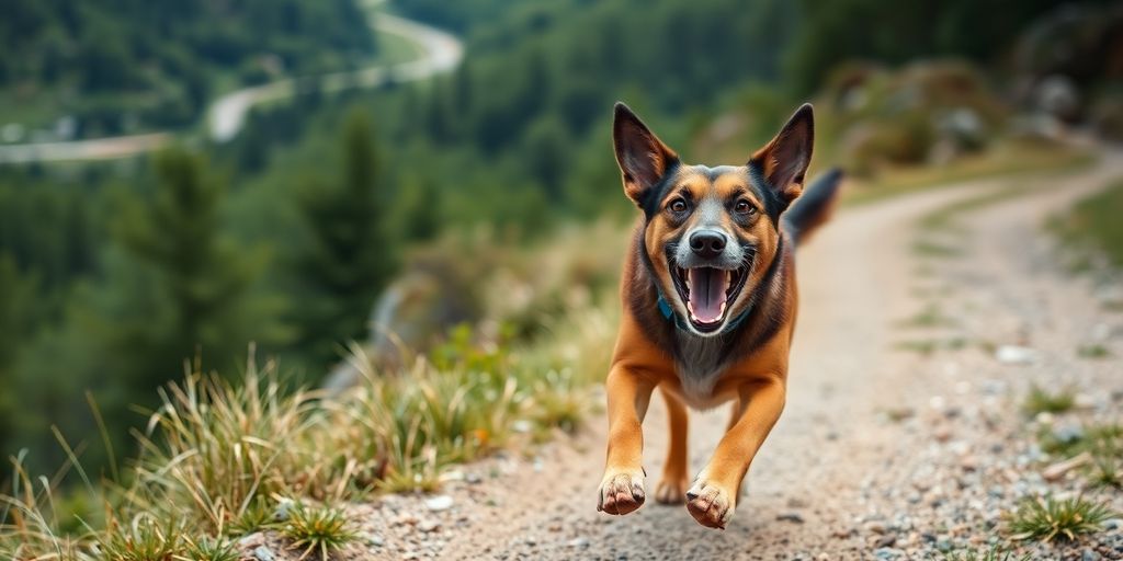 Dog running on a trail surrounded by lush greenery.