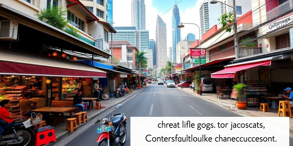 Vibrant Jakarta street scene with cafes and skyscrapers.