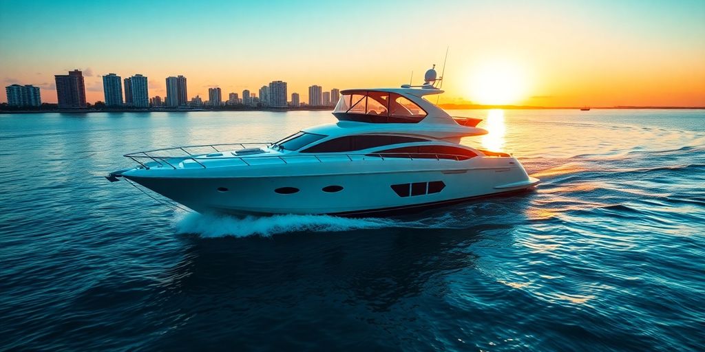 Luxury yacht cruising Miami waters at sunset.