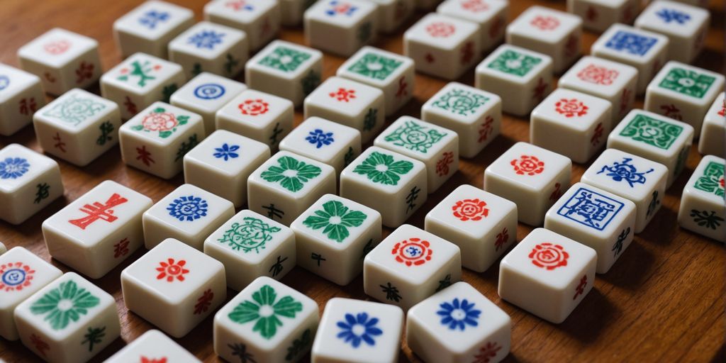 Close-up of various Mahjong tiles on a table.