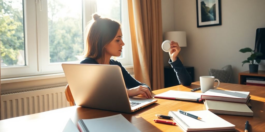 Person blogging at a cozy desk with coffee.