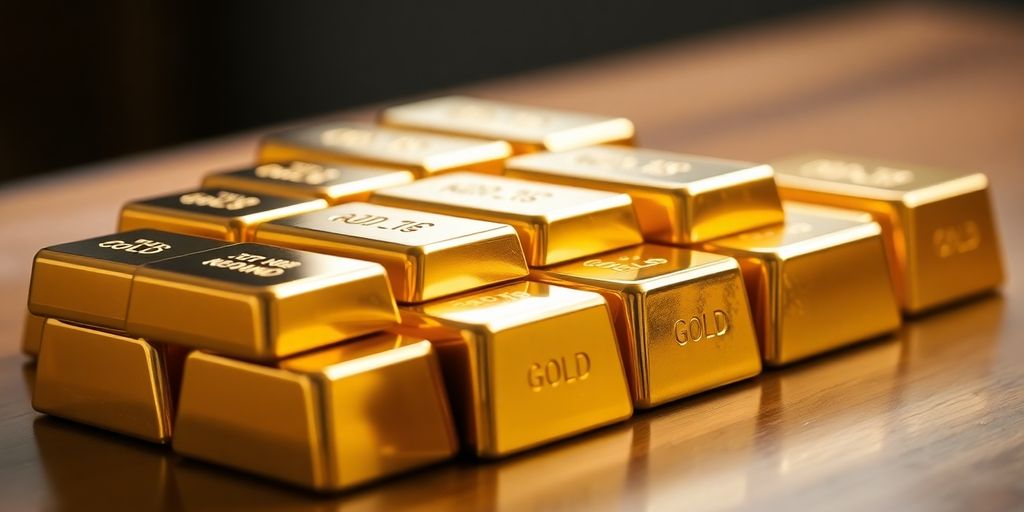 Des lingots d'or brillants sur une surface en bois.
