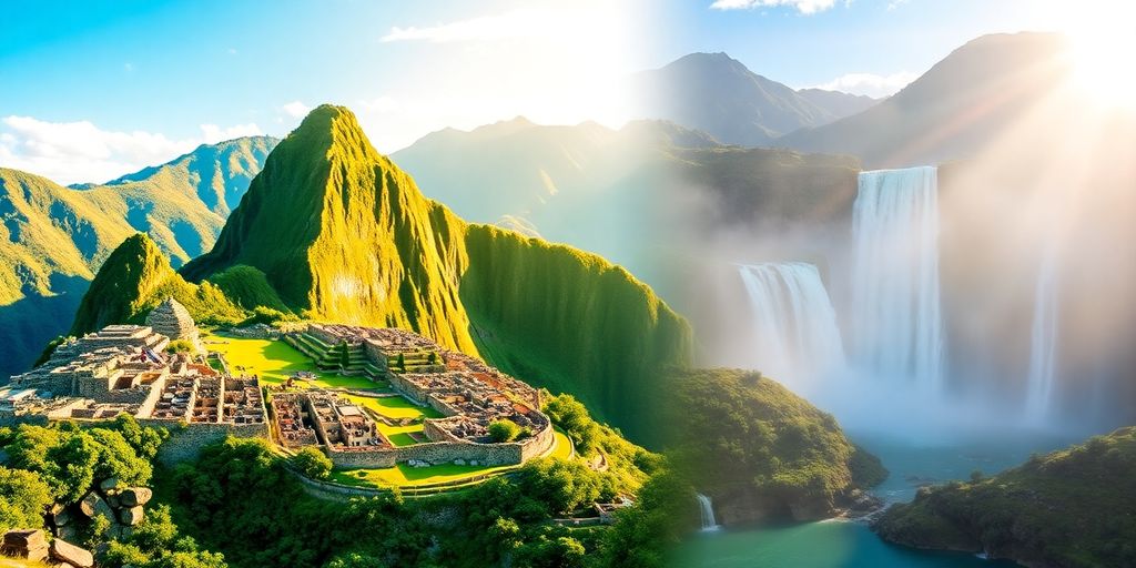 South America adventure: Machu Picchu, Iguazu Falls, mountains, water.