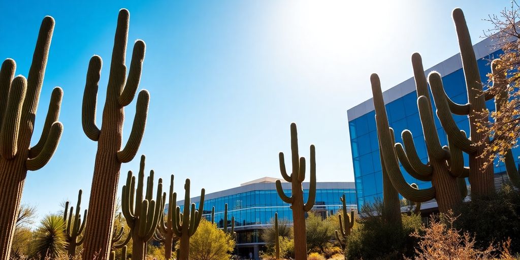 Desert landscape with Saguaros and modern office building.