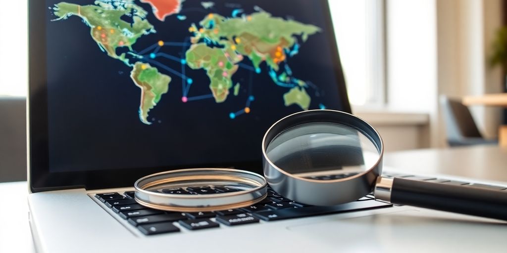 Laptop, magnifying glass, and diverse global network.