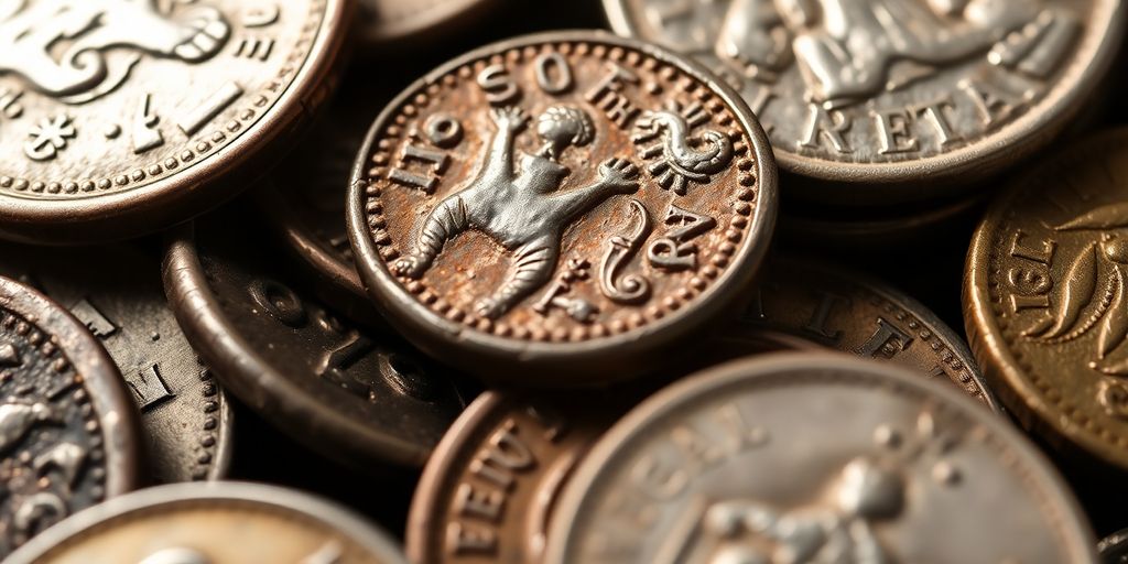 Collection de pièces numismatiques anciennes aux reflets dorés et argentés.