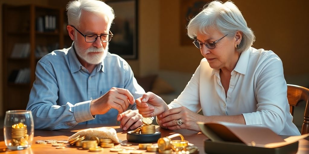 Un couple de retraités examine des pièces d'or.