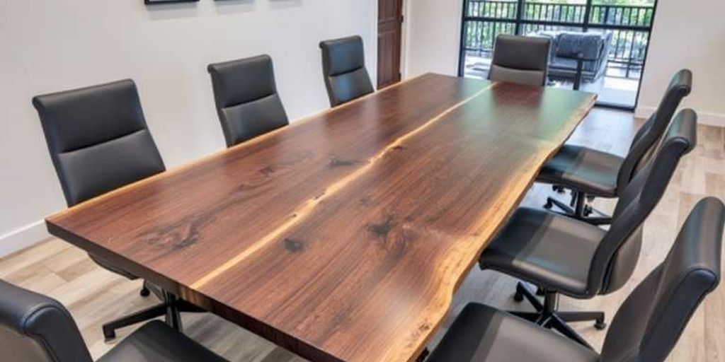 A spacious conference room with a live edge table and chairs.