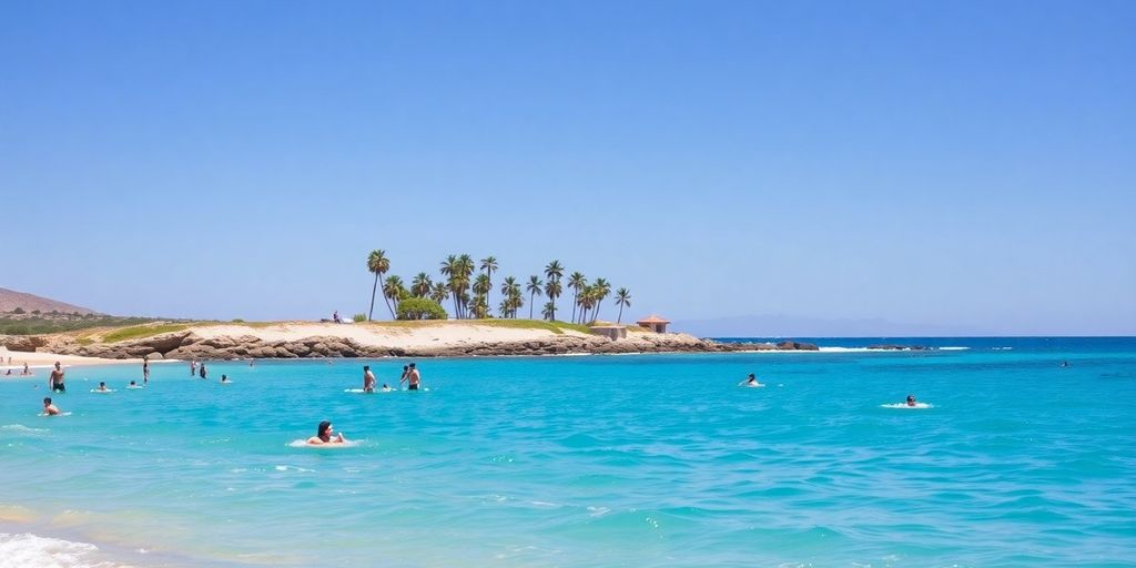 Sunny beach with people swimming, Los Cabos.