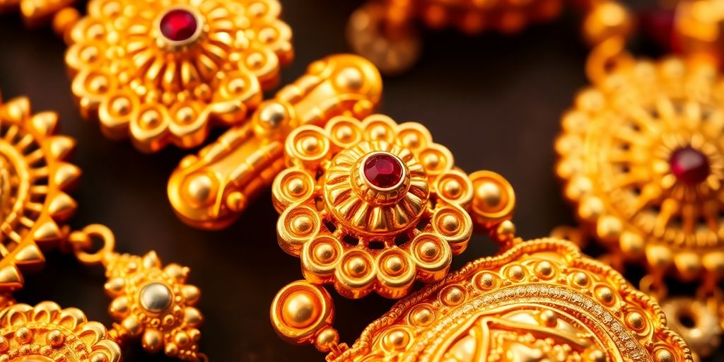 Bijoux en or traditionnel indien avec designs élaborés.