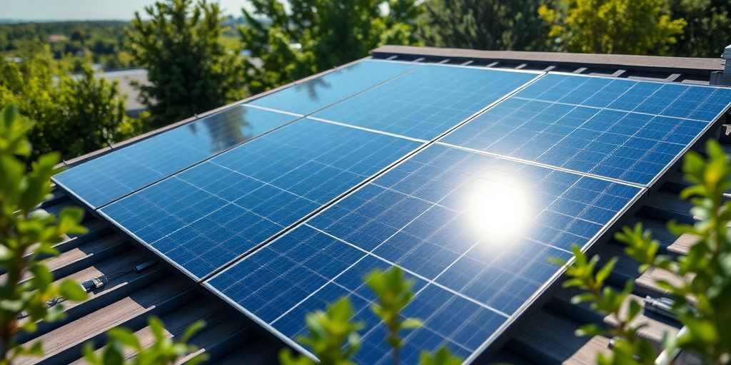 Solar panels on a rooftop with sunlight and greenery.