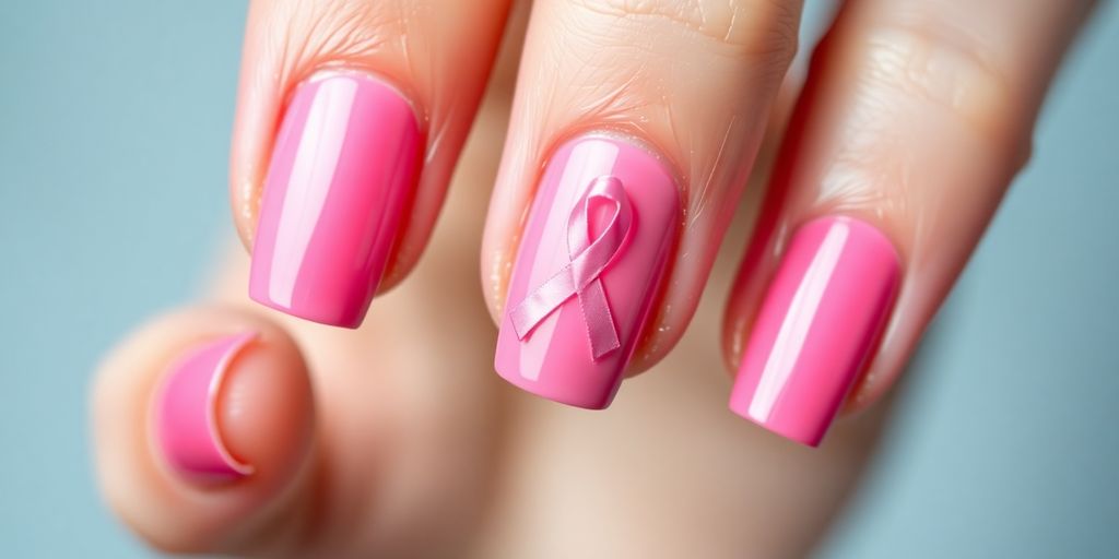 Unhas rosas decoradas com laço de conscientização do câncer.