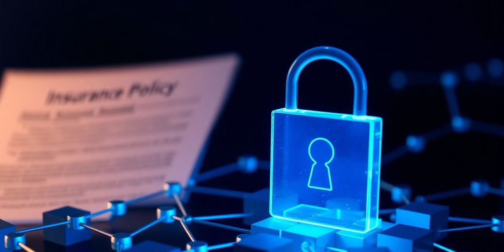 Digital lock, blockchain blocks, insurance policy.