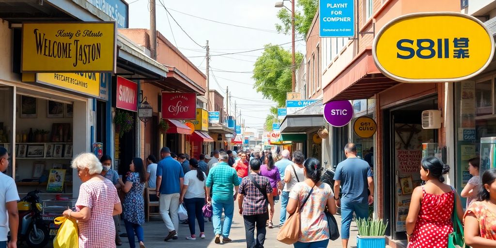 Busy local business district with active shoppers and storefronts.