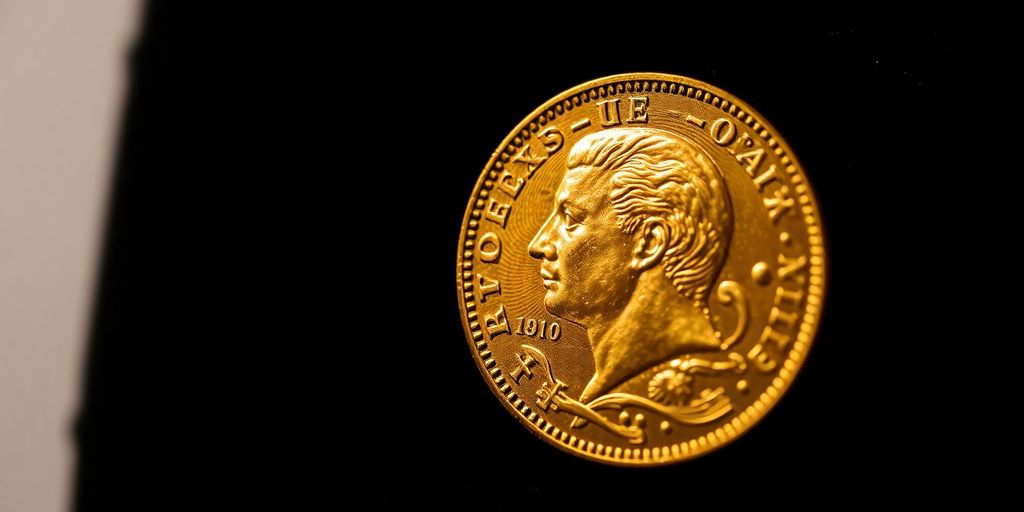 Une pièce de Napoléon en or sur fond sombre.