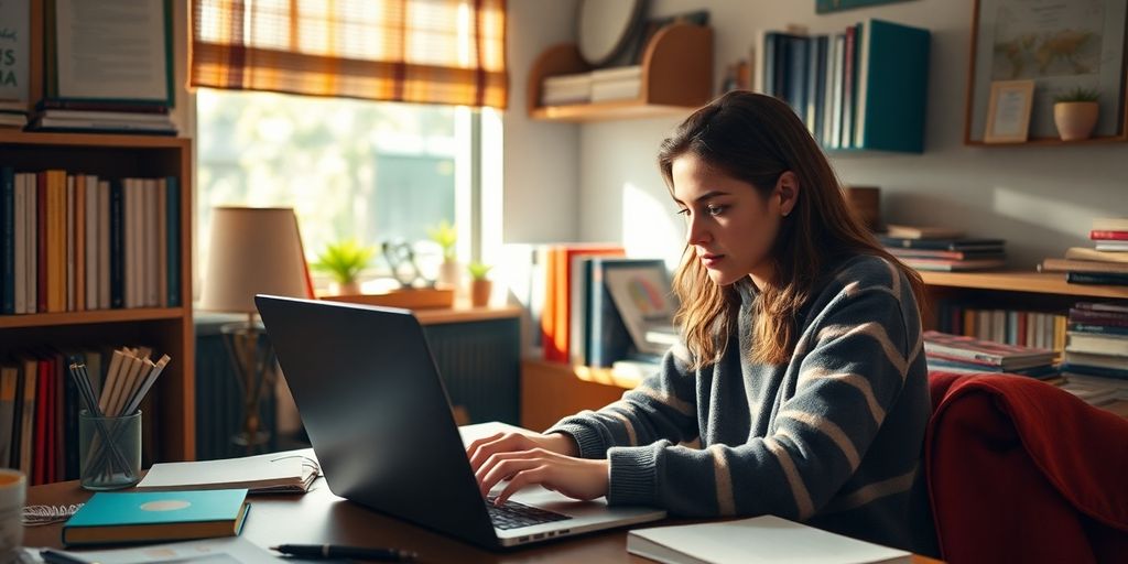Estudante usando laptop em espaço de estudo acolhedor.