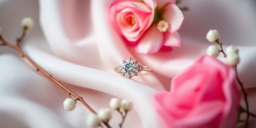 Engagement ring placed on fabric with flowers around it.