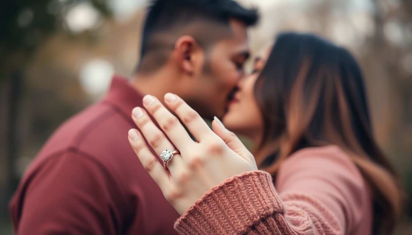 Couple kissing with engagement ring visible on hand.