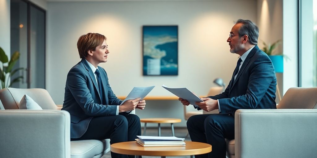 Verjährung im Werkvertrag: Typische Praxisfragen und Antworten Büroszene mit Rechtsberater und Projektverträgen.