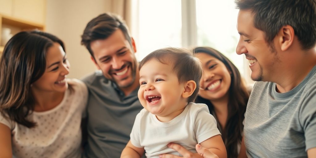 Parents and child interacting happily in home.