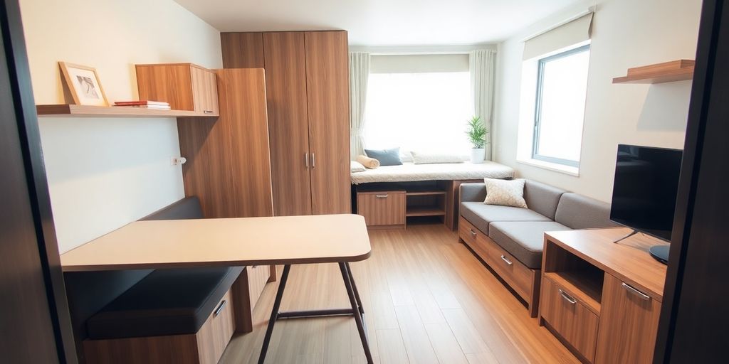 Modern small living area with multifunctional furniture and storage.