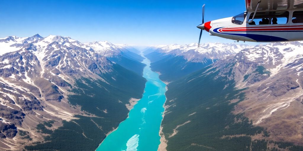 A small plane flies over majestic snow-capped Alaskan mountains.