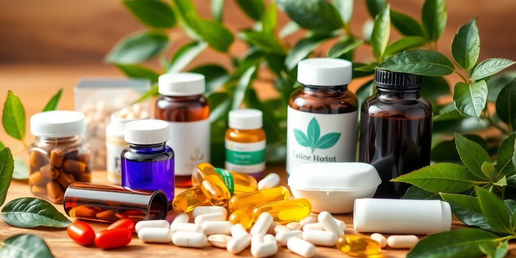Vitaminas y suplementos sobre fondo de madera