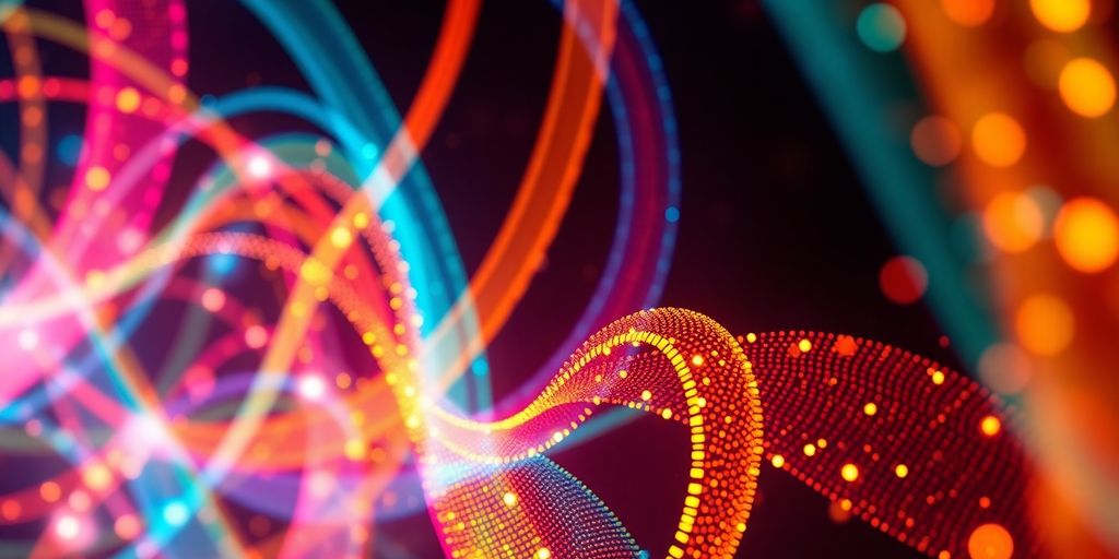 Colorful data plots, flowing curves, glowing points
