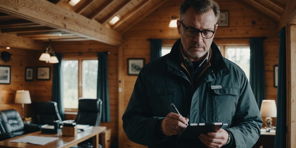 Professional inspector with checklist examining cabin interior for top condition in Hochatown.