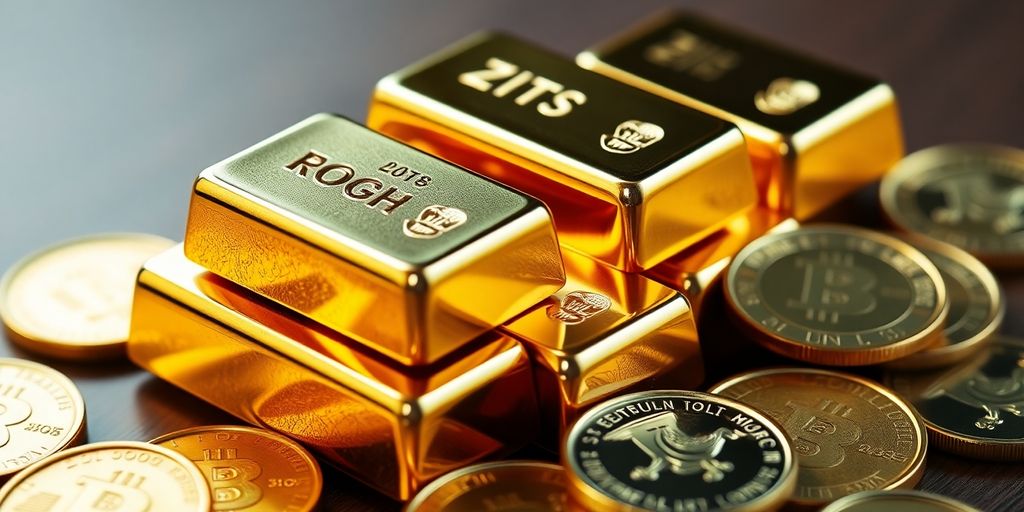 Lingots d'or et pièces d'or scintillantes.