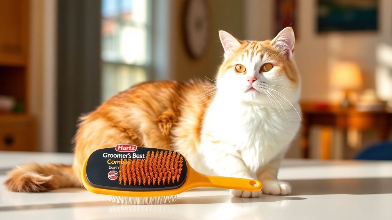 Groomed cat beside Hartz combo brush on table.