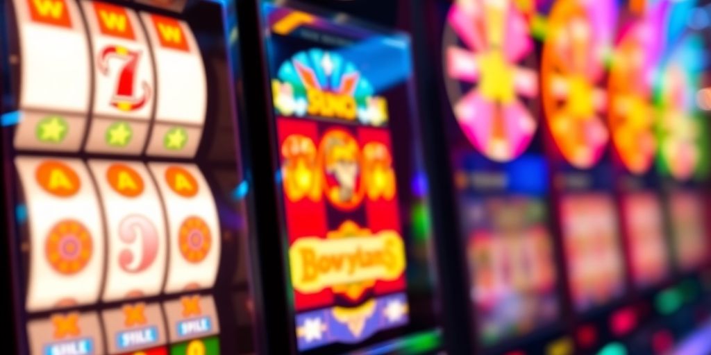 Spinning slot machine reels with glowing lights.