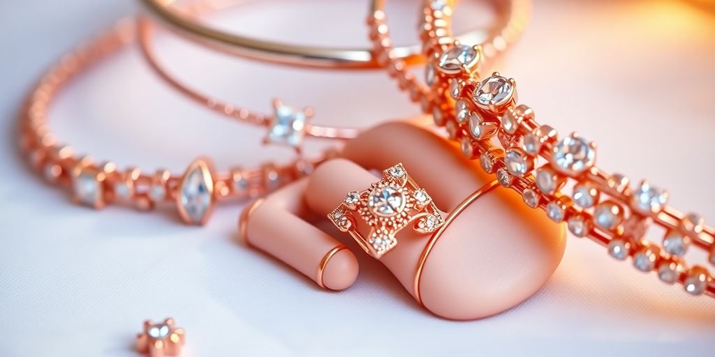 Bijoux en or rose, bracelets et bagues délicates.