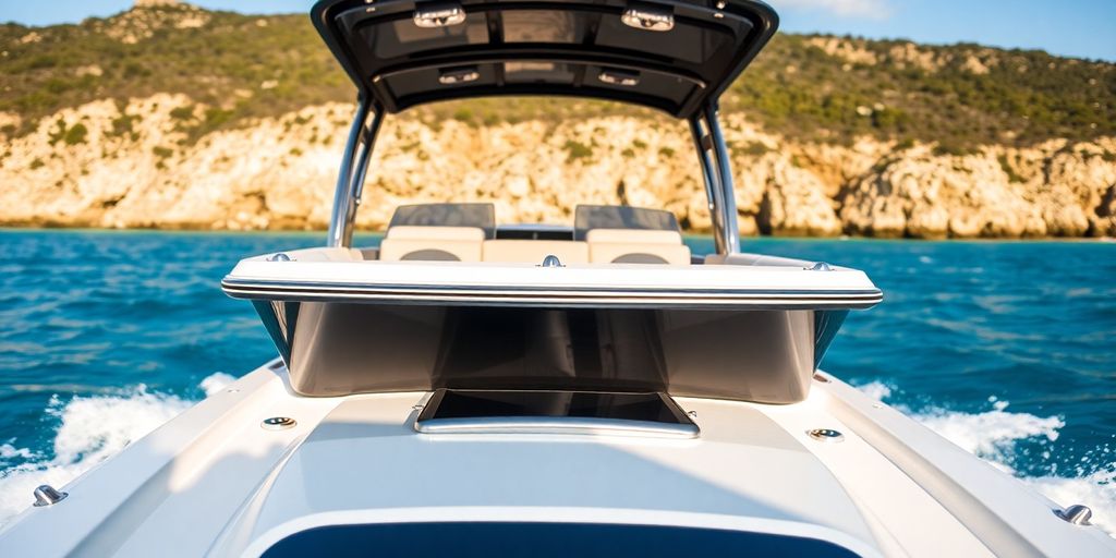Modern boat with upgraded tabs on blue waters.